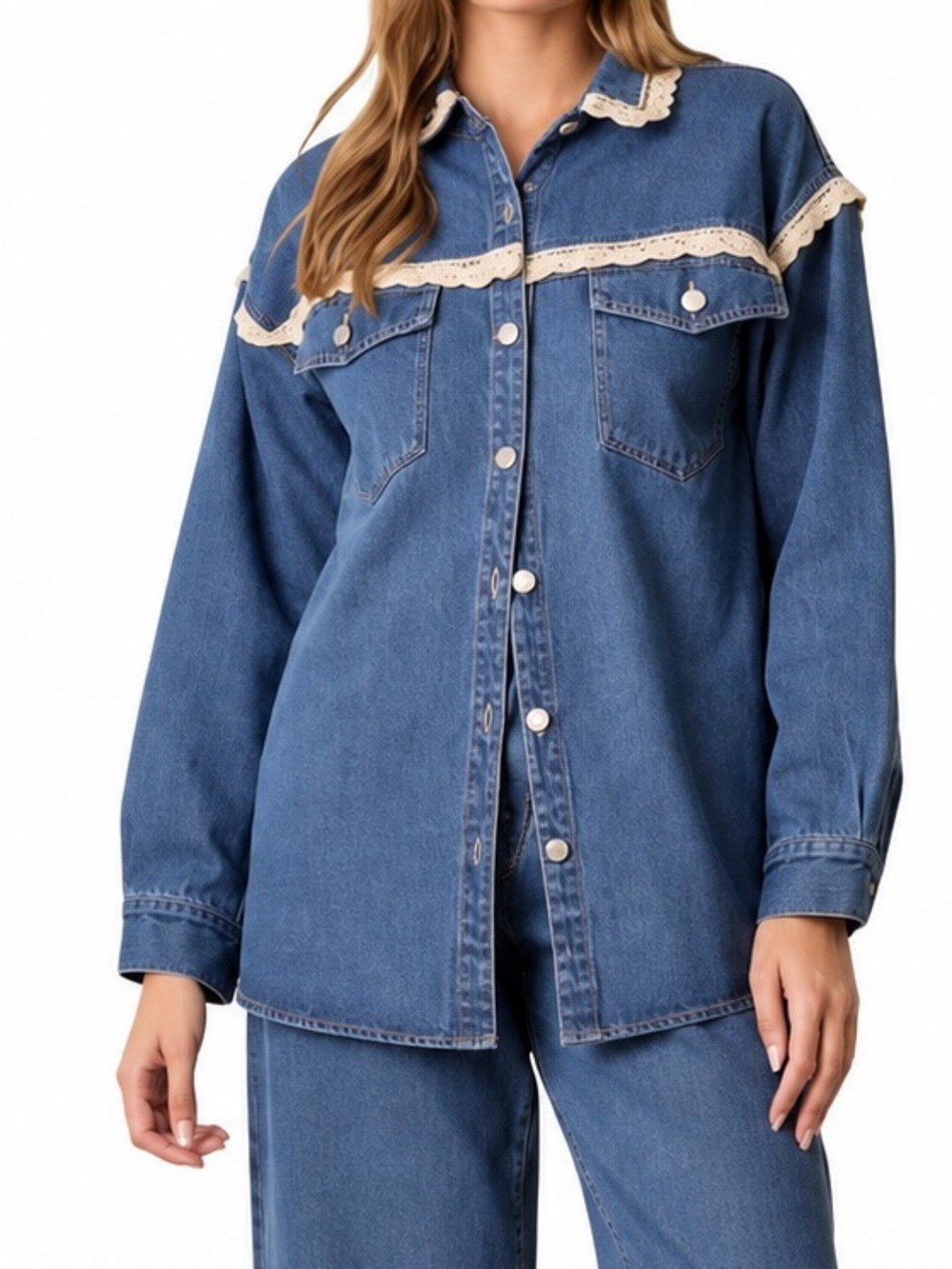 EUC!!  Polagram Denim Lacy Vibes Crotchet Shacket